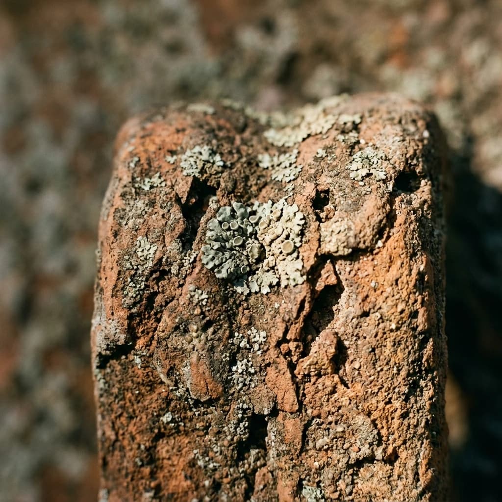 Extreme macro of weathered, lichen-spotted terracotta surface.