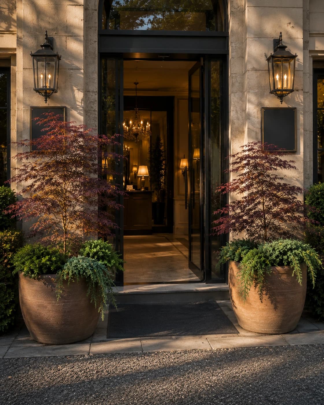 A beautiful collection of hand-thrown terracotta planters of varying sizes, styled together in a garden setting.